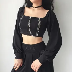 Y2K Long Sleeve Square-Neck Crop Top with Chain and Zipper Details