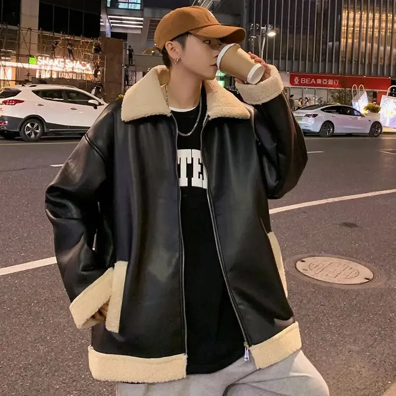 Y2K Thick Wool and Leather Jacket with Lapel Collar