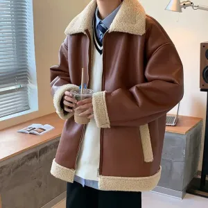 Y2K Thick Wool and Leather Jacket with Lapel Collar