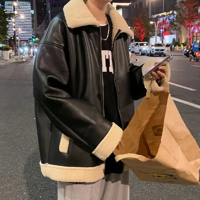 Y2K Thick Wool and Leather Jacket with Lapel Collar